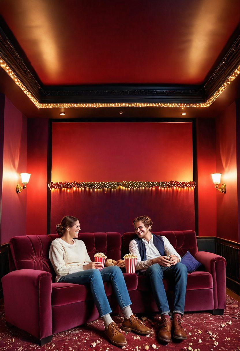 A cozy cinema interior adorned with soft velvet seats, showcasing a large screen displaying a romantic scene between two LGBTQ+ characters. The ambiance is filled with fairy lights and hearts floating in the air, capturing the essence of love and acceptance. Include diverse couples enjoying popcorn and cuddling together, creating an inviting atmosphere for movie buffs. vintage style. warm colors. soft focus.