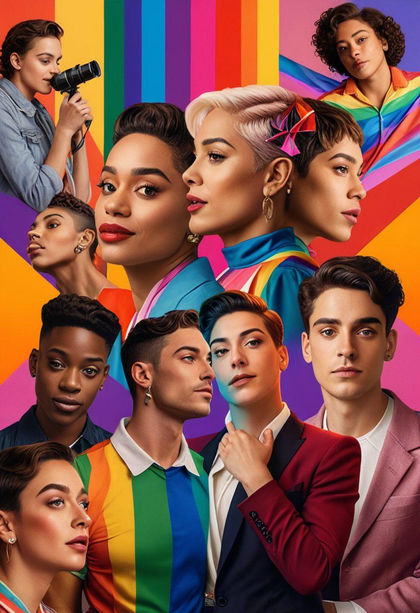 A vibrant collage illustrating the evolution of queer cinema, featuring iconic scenes from both dramatic and comedic films. Include a film reel intertwining colorful LGBTQ+ flags, actors in expressive poses reflecting various emotions, and a cinema background with spotlights. Capture a lively atmosphere that celebrates the diversity and richness of queer storytelling. vibrant colors. super-realistic. cinematic style.