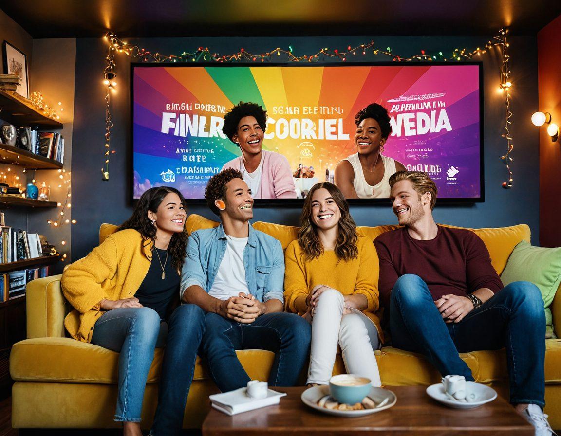 A cozy home theater scene with a diverse group of friends enjoying a movie night, surrounded by colorful fairy lights and popcorn. A large screen displays a romantic LGBTQ+ film with warm, inviting colors. Emphasize expressions of joy and connection among the characters, showcasing inclusivity and love. The background should have film posters representing iconic LGBTQ+ films. vibrant colors. cozy atmosphere. super-realistic.
